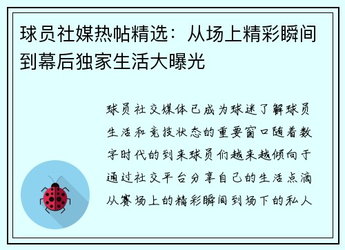 球员社媒热帖精选:从场上精彩瞬间到幕后独家生活大曝光 球员社媒热帖精选:从场上精彩瞬间到幕后独家生活大曝光