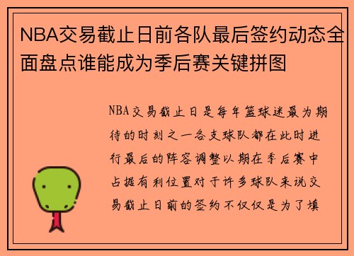 NBA交易截止日前各队最后签约动态全面盘点谁能成为季后赛关键拼图
