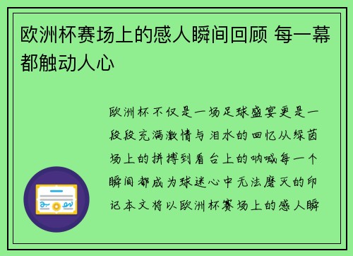 欧洲杯赛场上的感人瞬间回顾 每一幕都触动人心